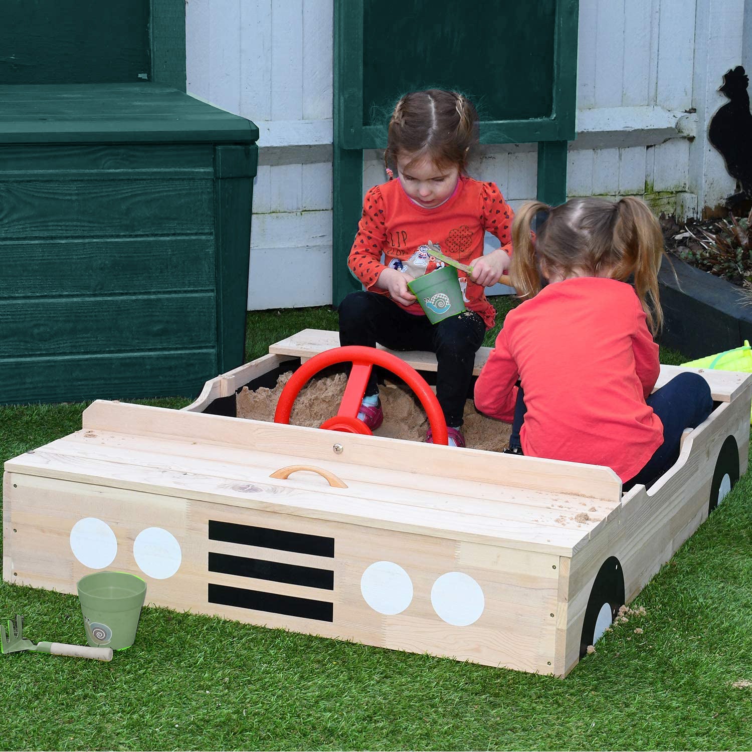 Großer vorbehandelter Auto-Sandkasten aus Öko-Holz für Kinder mit Abdeckung